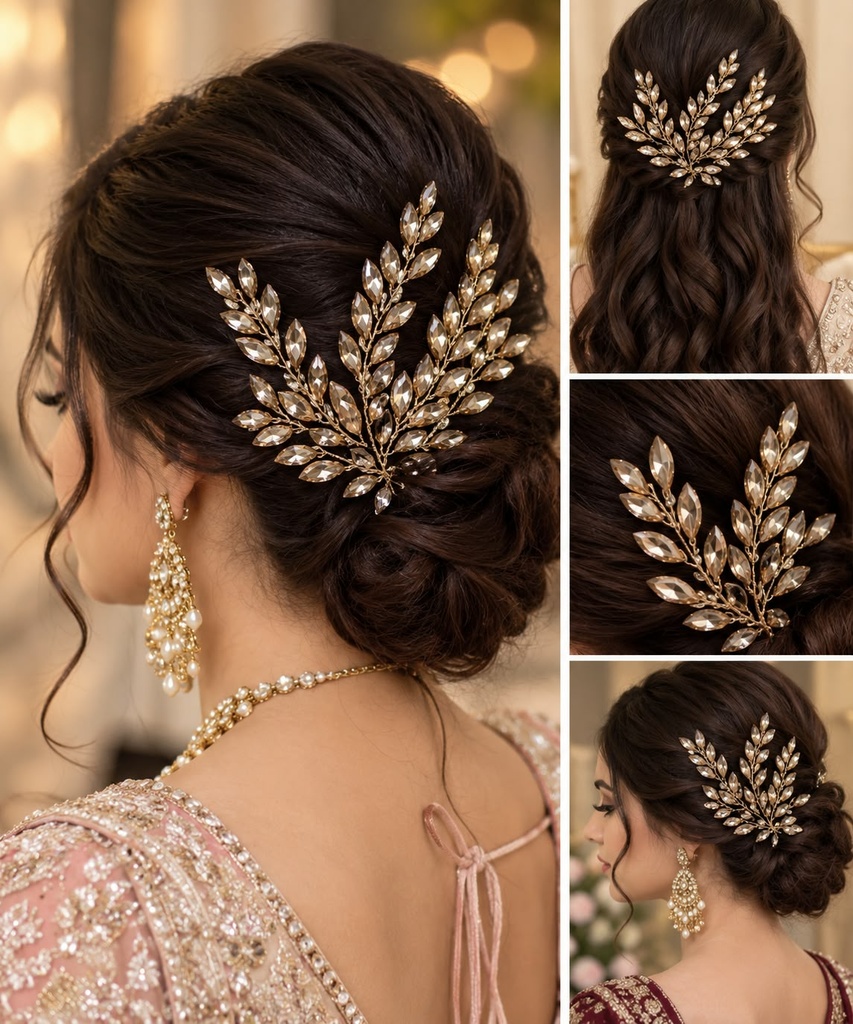 Golden Crystal Leaf Bridal Hair Vine
